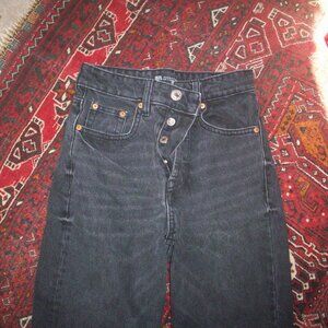 Zara Jeans Womens Sz 0 (25x25) Black Straight High Rise Button Fly Raw Hem Jeans